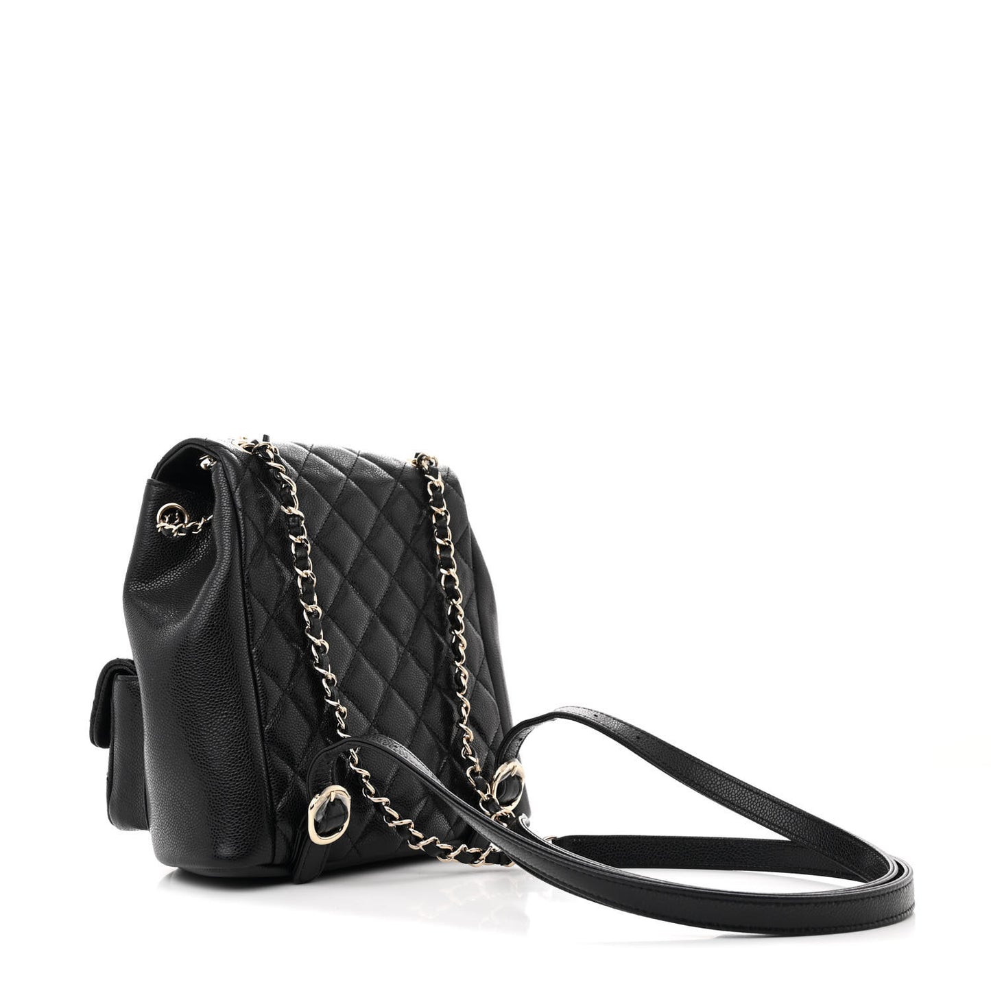 Shiny Caviar Quilted Medium Duma Pockets Drawstring Backpack Black