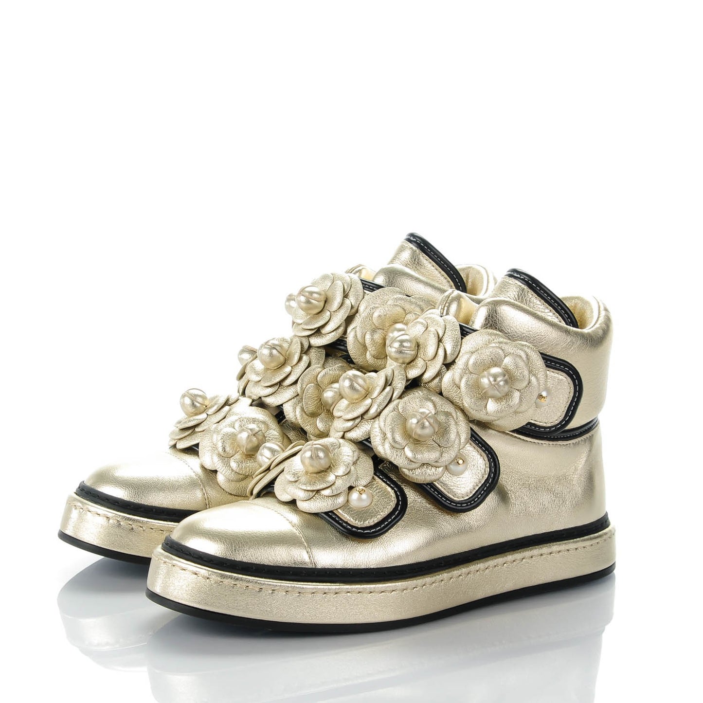 Metallic Lambskin Pearl Camellia High Top Sneakers 37.5 Gold
