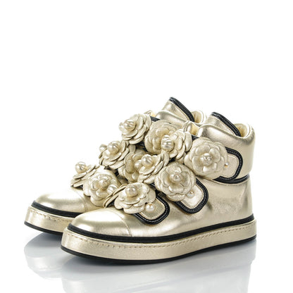 Chanel Metallic Lambskin Pearl Camellia High Top Sneakers 37.5 Gold 3 of 8