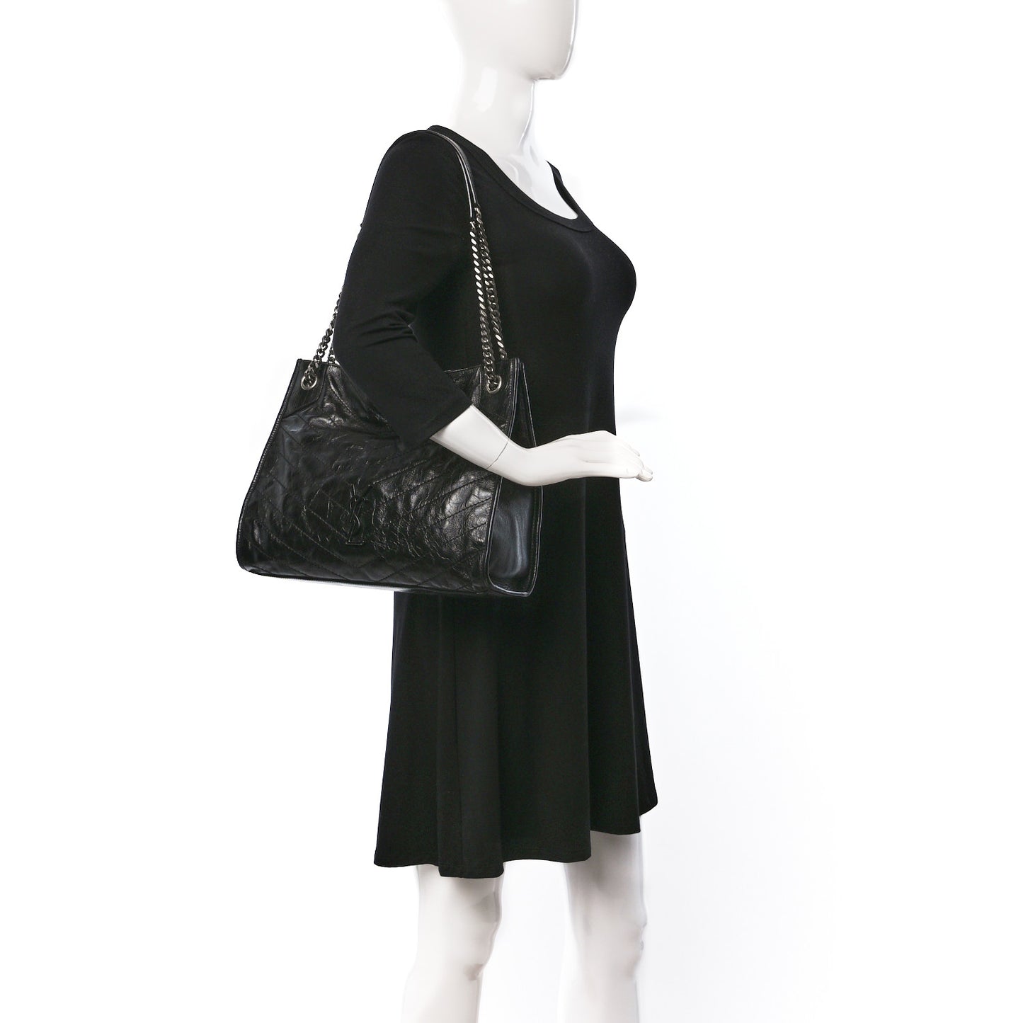 Crinkled Calfskin Matelasse Monogram Medium Niki Shopper Tote Black