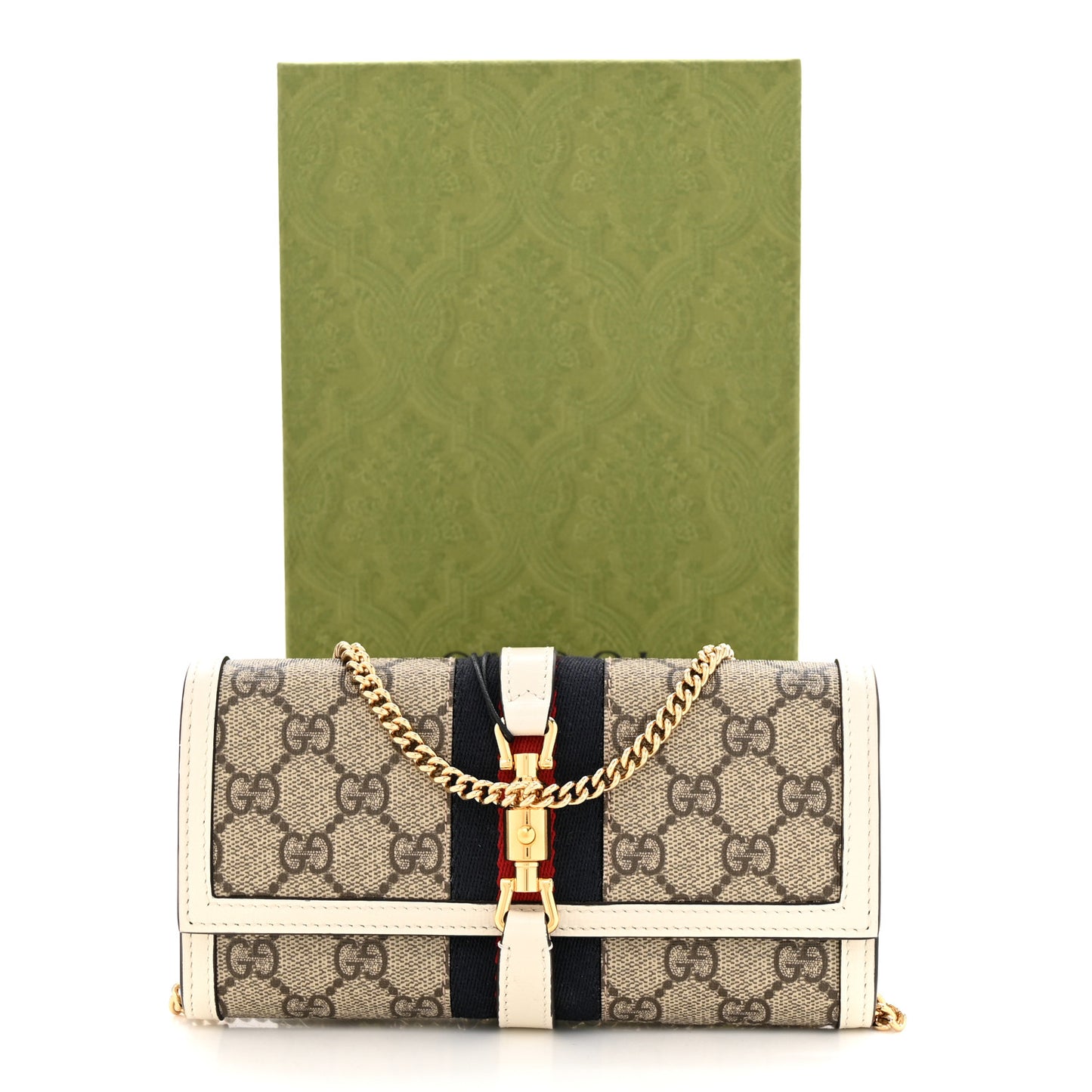 GG Supreme Monogram Textured Calfskin Web Jackie 1961 Chain Wallet Beige Ebony Mystic White