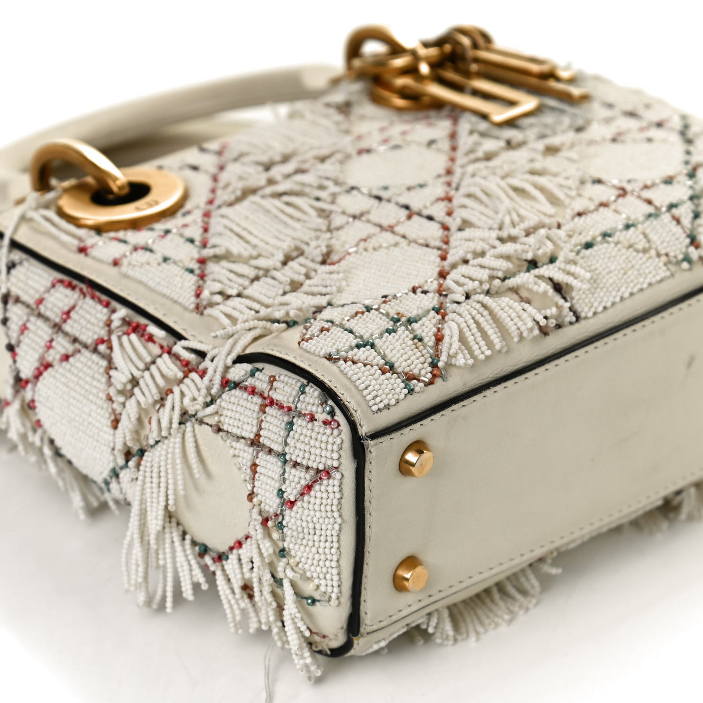 Lambskin Beaded Fringe Mini Lady Dior White