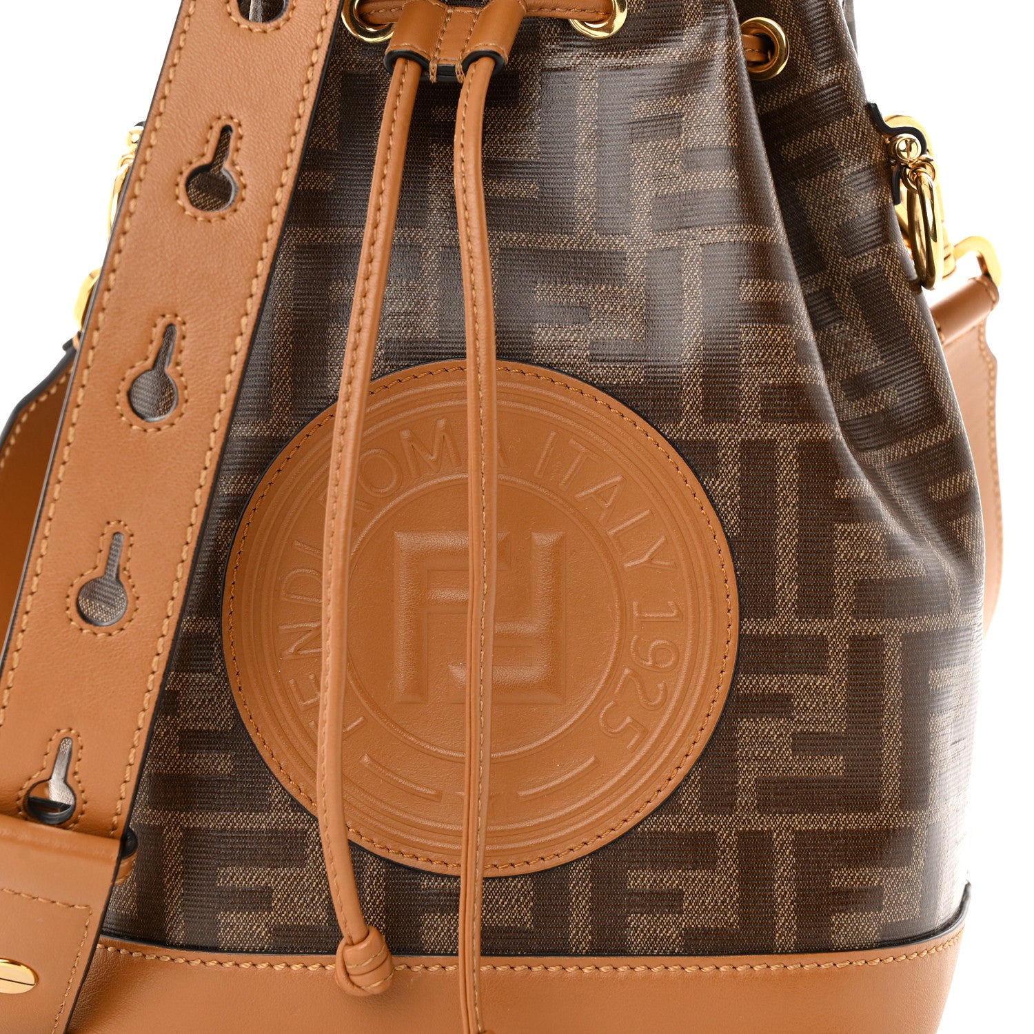 Fendi Glazed Fabric Vitello Grace F is Fendi FF 1974 Stamp Patch Grande Mon Tresor Bucket Bag Mogano Panna Nocciola 7 of 10