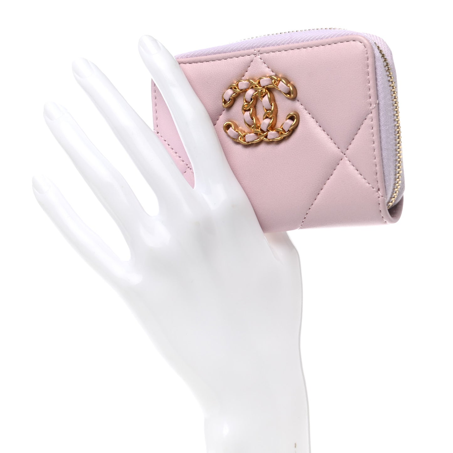 Lambskin Quilted Chanel 19 Zip Around Coin Purse Wallet Light Pink