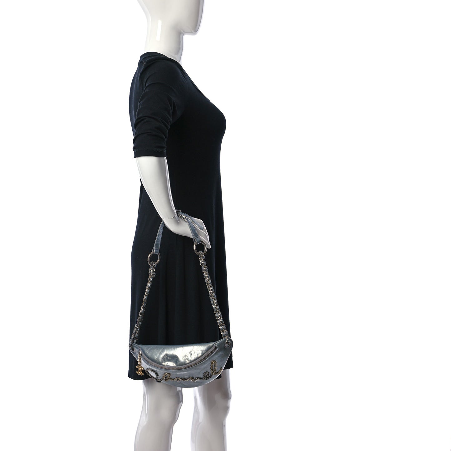 Metallic Crumpled Calfskin Chain 20s Signe Waist Bag Silver