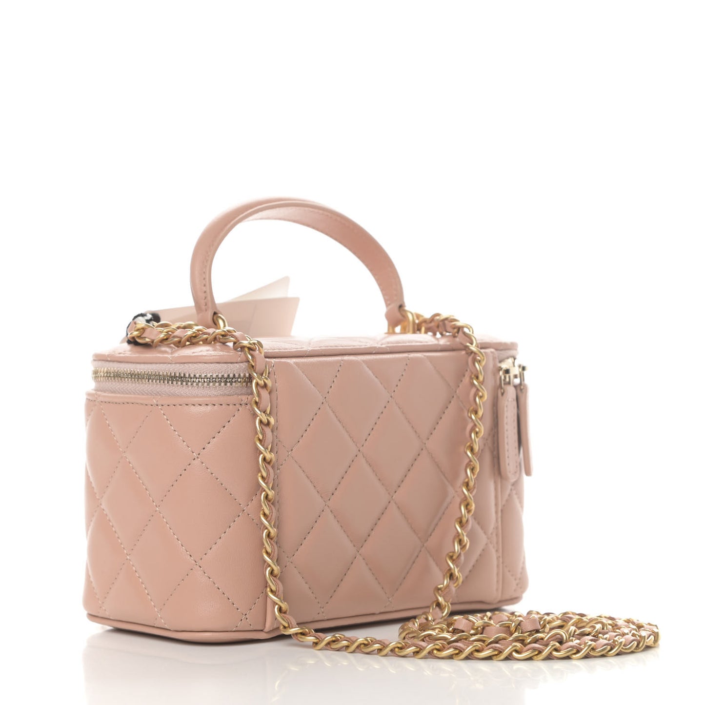 Lambskin Quilted Small Top Handle Vanity Case With Chain Beige