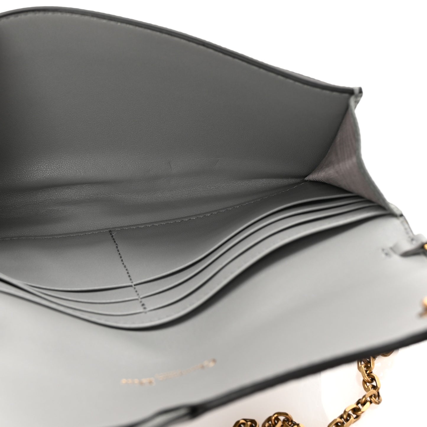 Grained Calfskin Saddle Chain Wallet Pouch Grey Stone