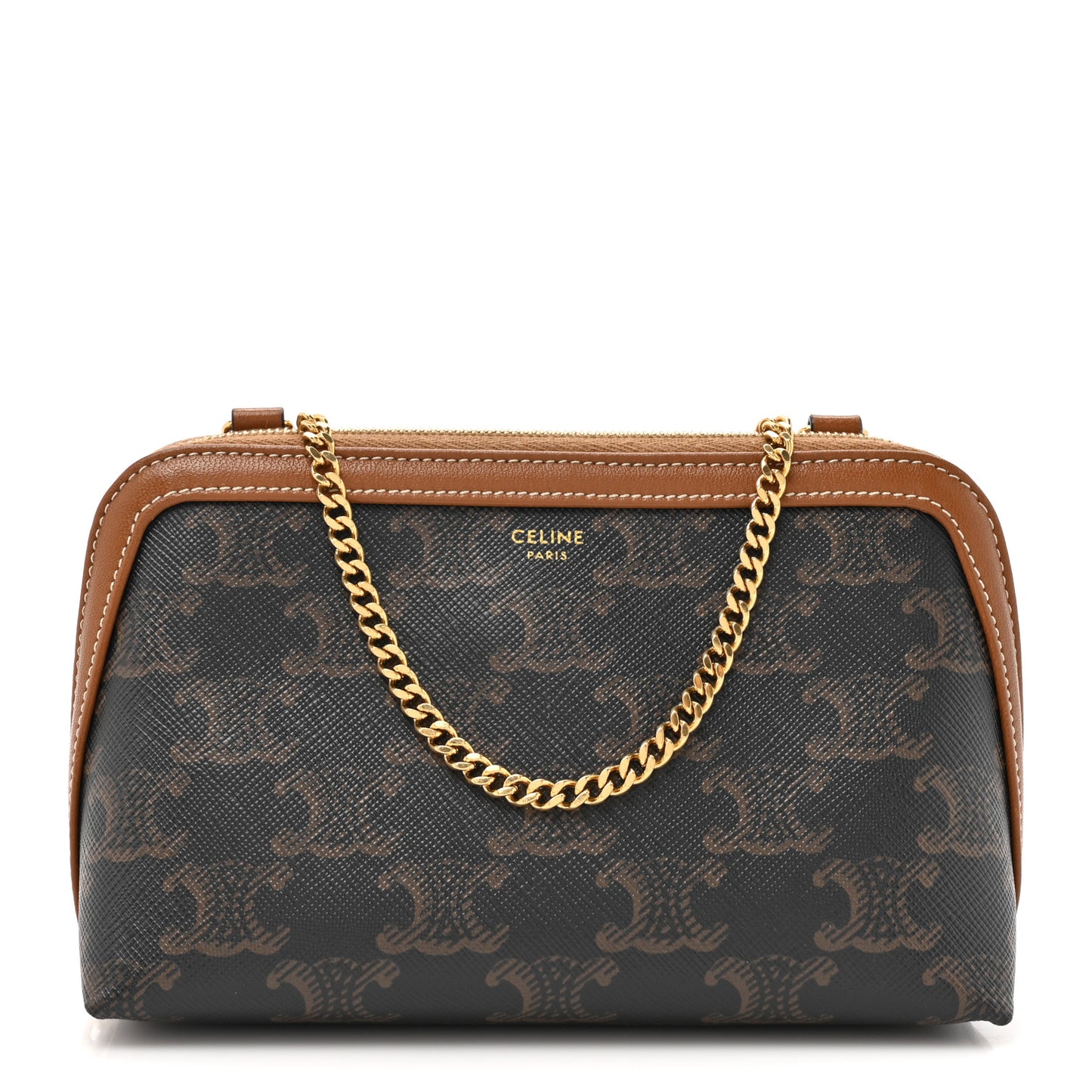 Triomphe Canvas Lambskin Clutch On Chain Tan