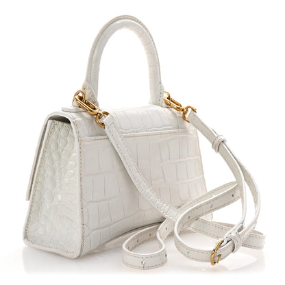 Balenciaga Shiny Calfskin Crocodile Embossed Hourglass Top Handle Bag XS White 3 of 10