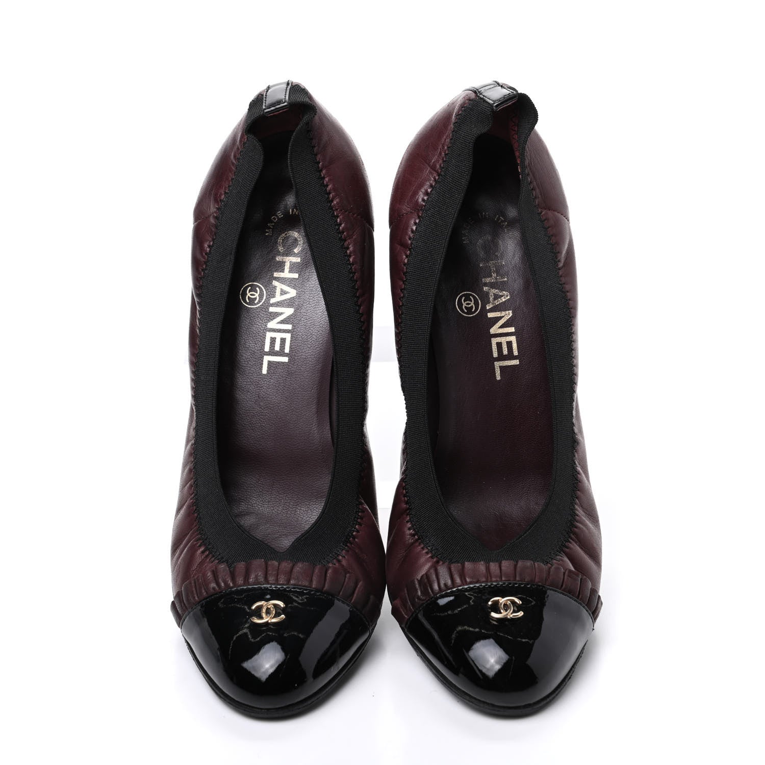 Chanel Lambskin Patent CC Elastic Cap Toe Ballerina Pumps 37.5 Burgundy Black 5 of 16
