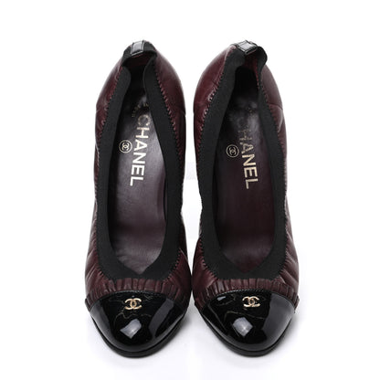 Chanel Lambskin Patent CC Elastic Cap Toe Ballerina Pumps 37.5 Burgundy Black 5 of 16