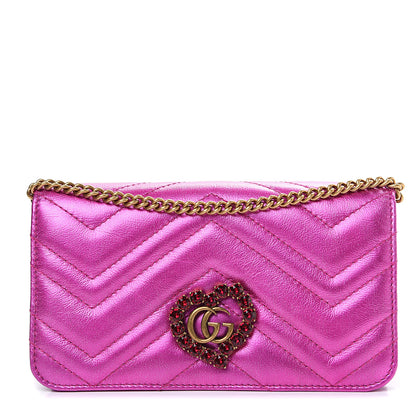 Gucci Metallic Calfskin Matelasse Crystal GG Marmont Mini Bag Fuchsia 1 of 9