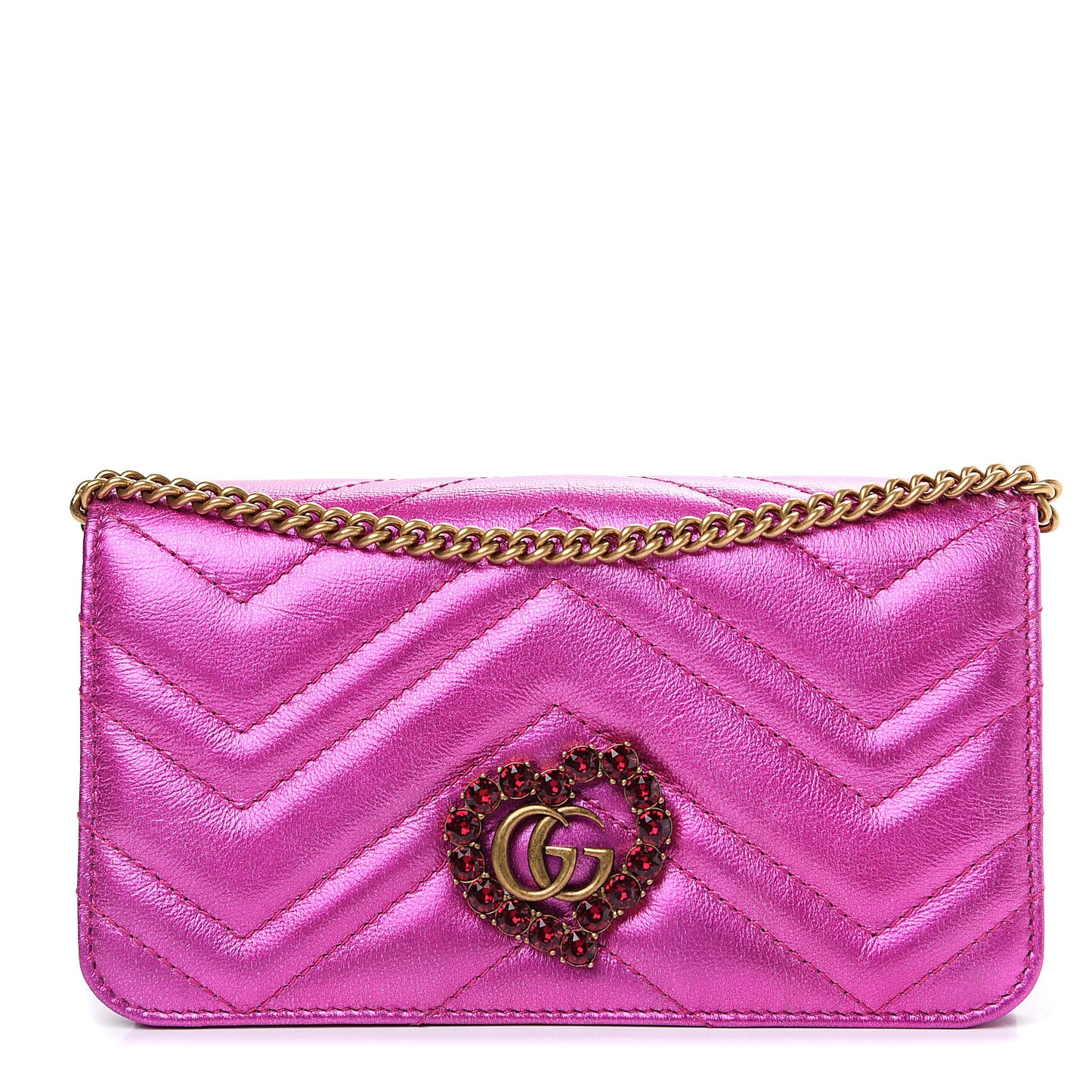 Metallic Calfskin Matelasse Crystal GG Marmont Mini Bag Fuchsia