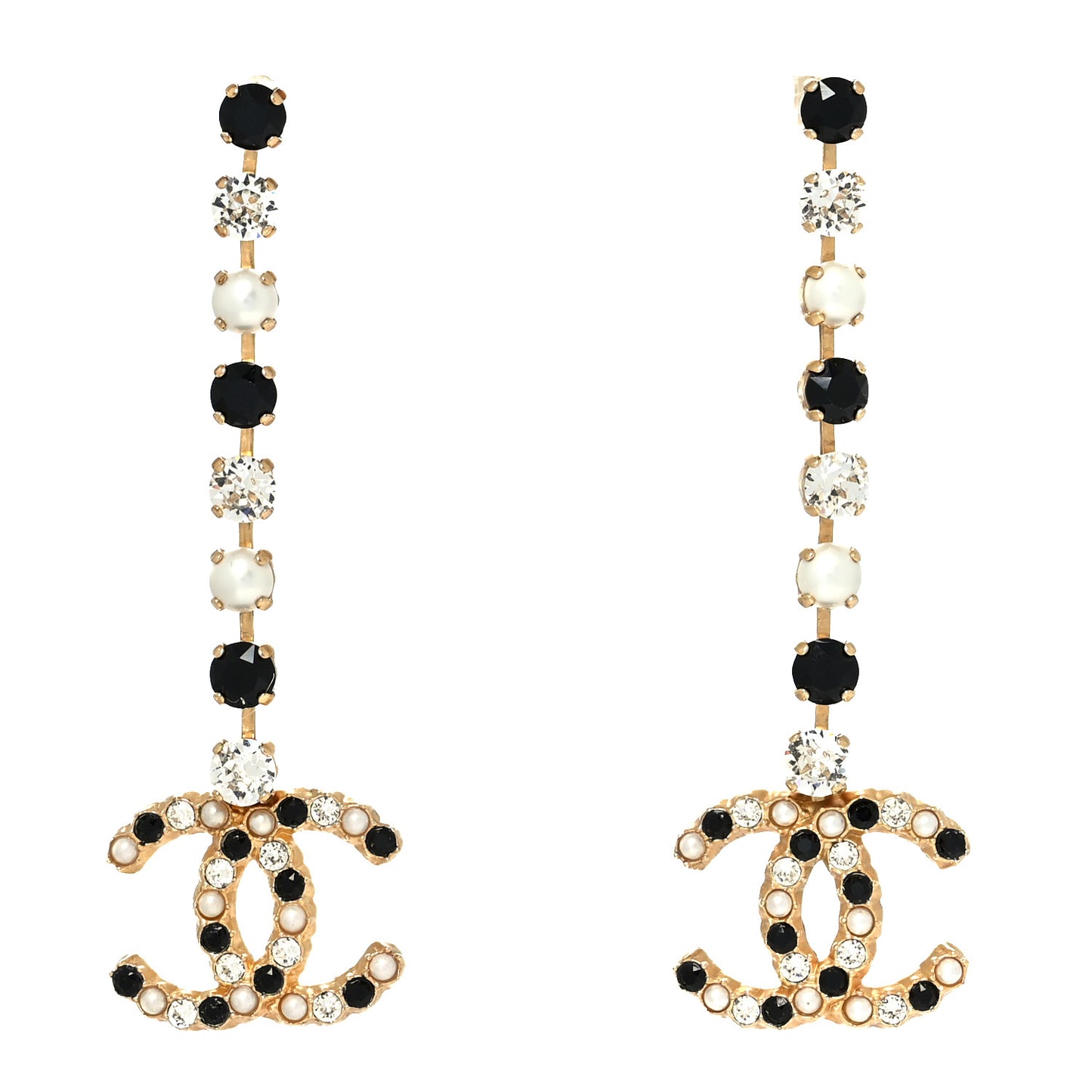 Resin Crystal Pearl CC Long Drop Earrings Gold Black