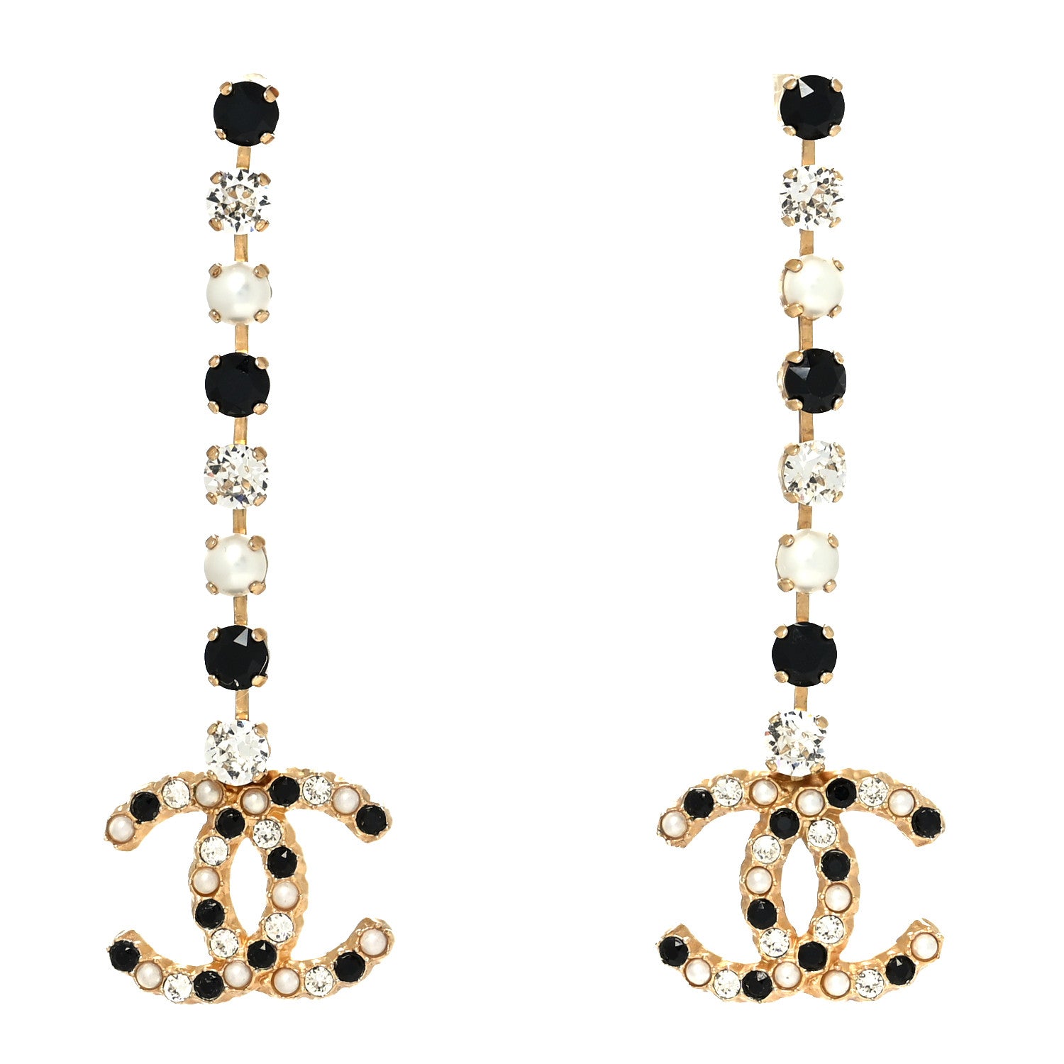 Chanel Resin Crystal Pearl CC Long Drop Earrings Gold Black 1 of 4