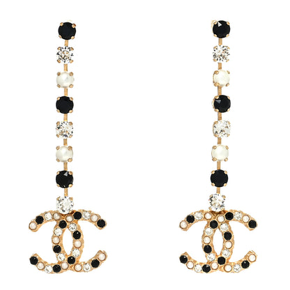 Chanel Resin Crystal Pearl CC Long Drop Earrings Gold Black 1 of 4