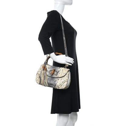 Gucci Calfskin Lizard Embossed Medium New Bamboo Top Handle Bag Grey 2 of 19