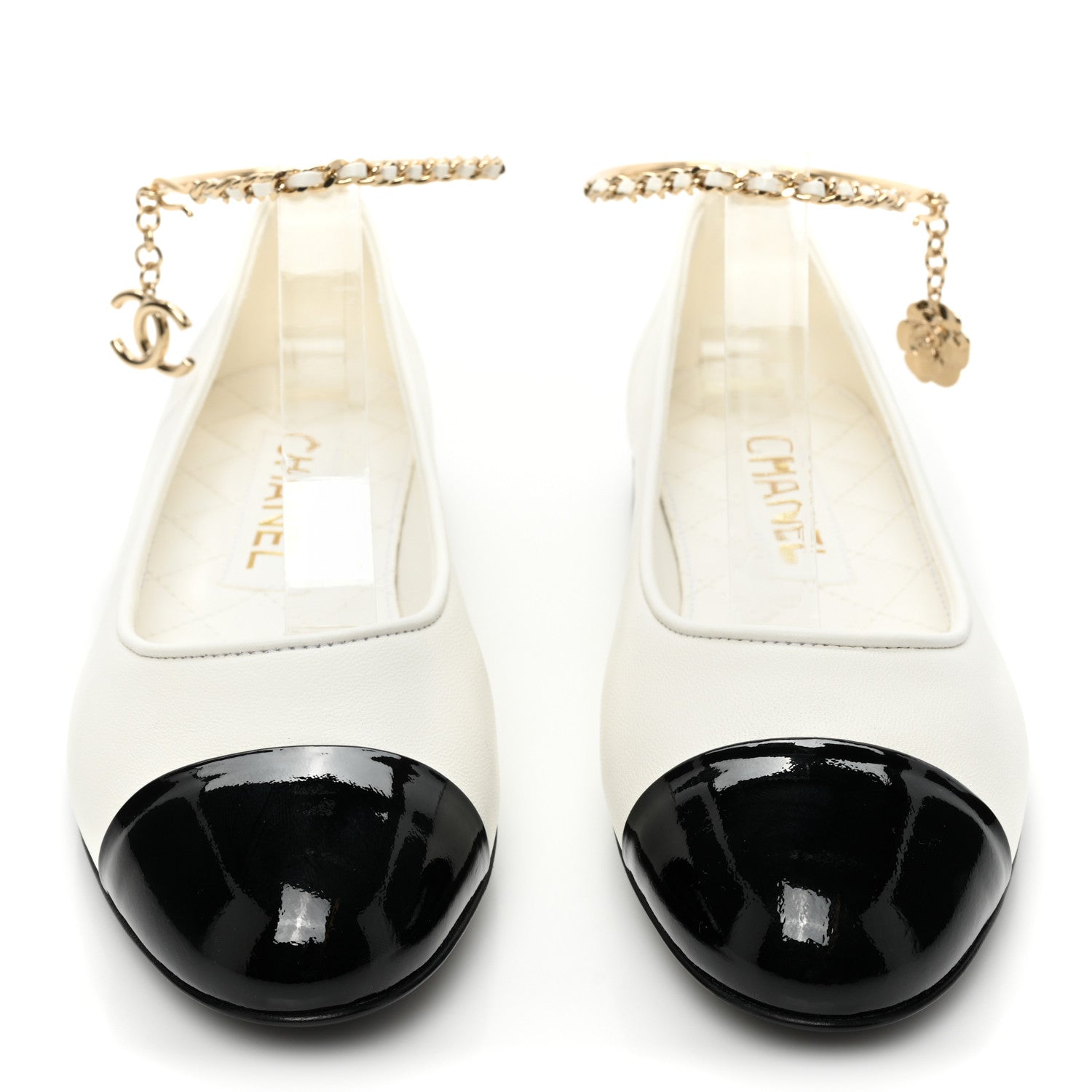Chanel Lambskin Patent Calfskin Cap Toe Ankle Chain Ballerina Flats 36 White Black 2 of 9