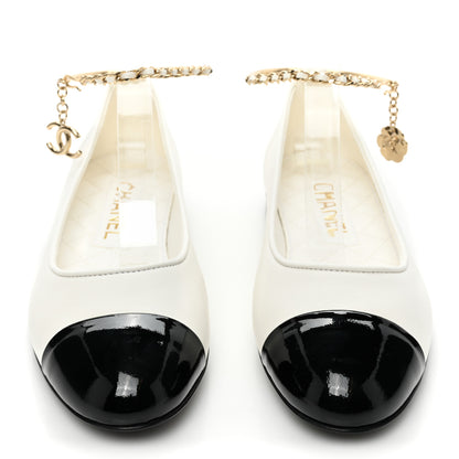 Chanel Lambskin Patent Calfskin Cap Toe Ankle Chain Ballerina Flats 36 White Black 2 of 9