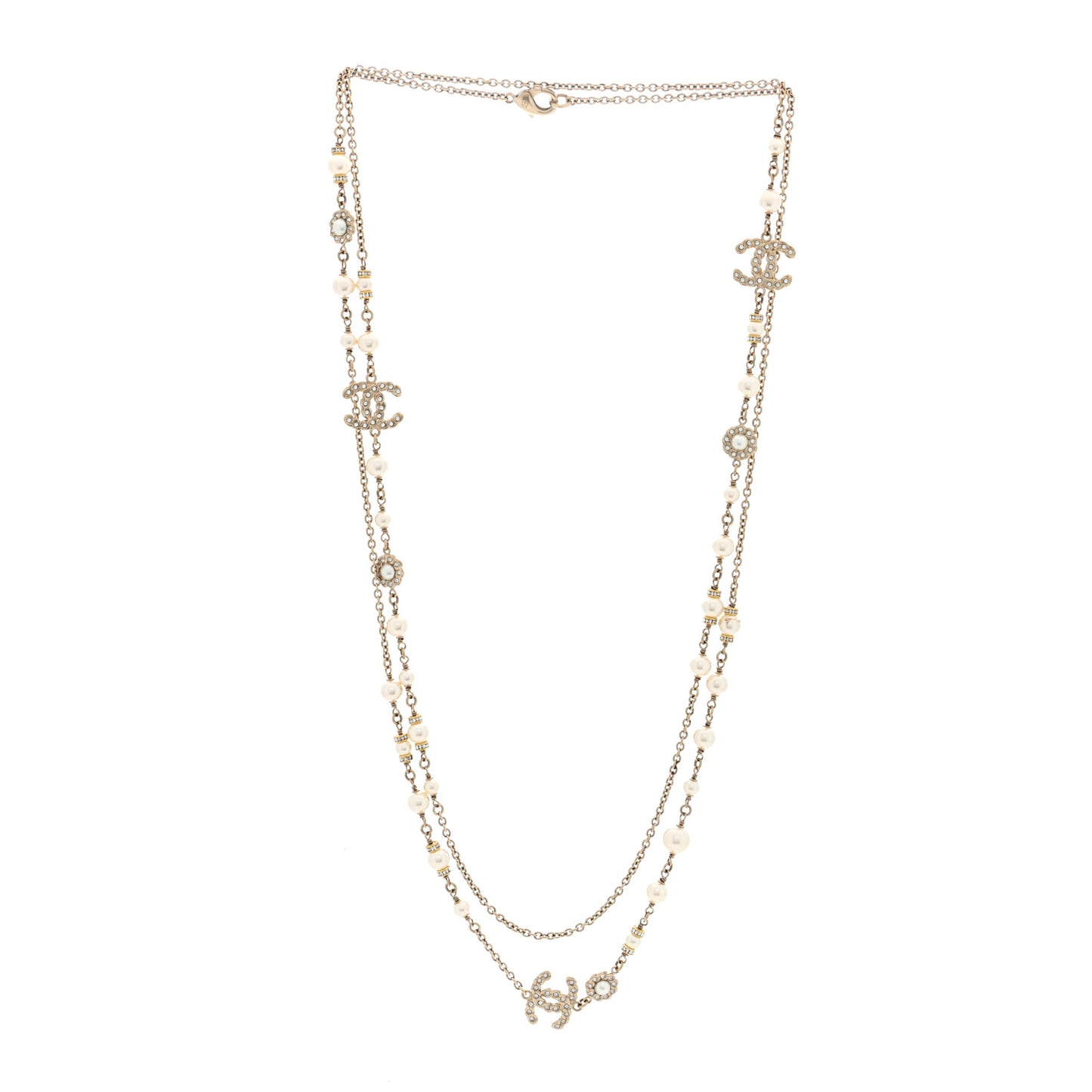 Pearl Crystal CC Long Necklace Gold