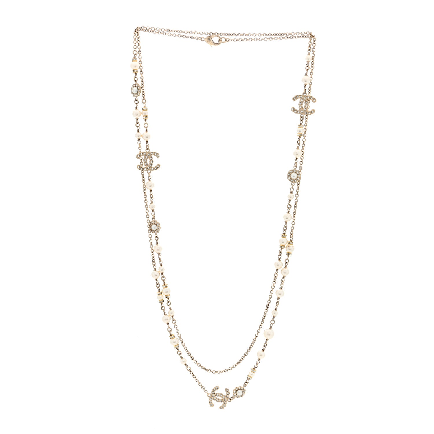 Chanel Pearl Crystal CC Long Necklace Gold 2 of 10