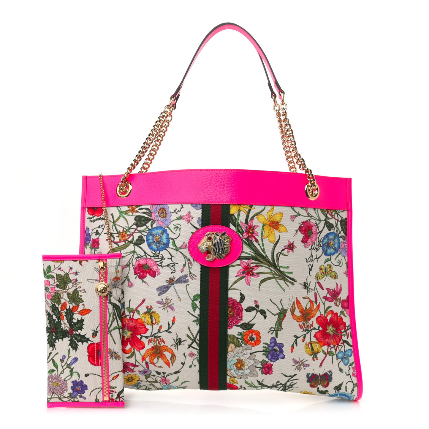 Canvas Flora Large Rajah Chain Tote White Multicolor Fuxia Fluo