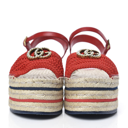 Gucci Cotton Malaga Kid Crochet Pearly GG Lilibeth Espadrille Platform Sandals 37.5 Hibiscus Red 2 of 8