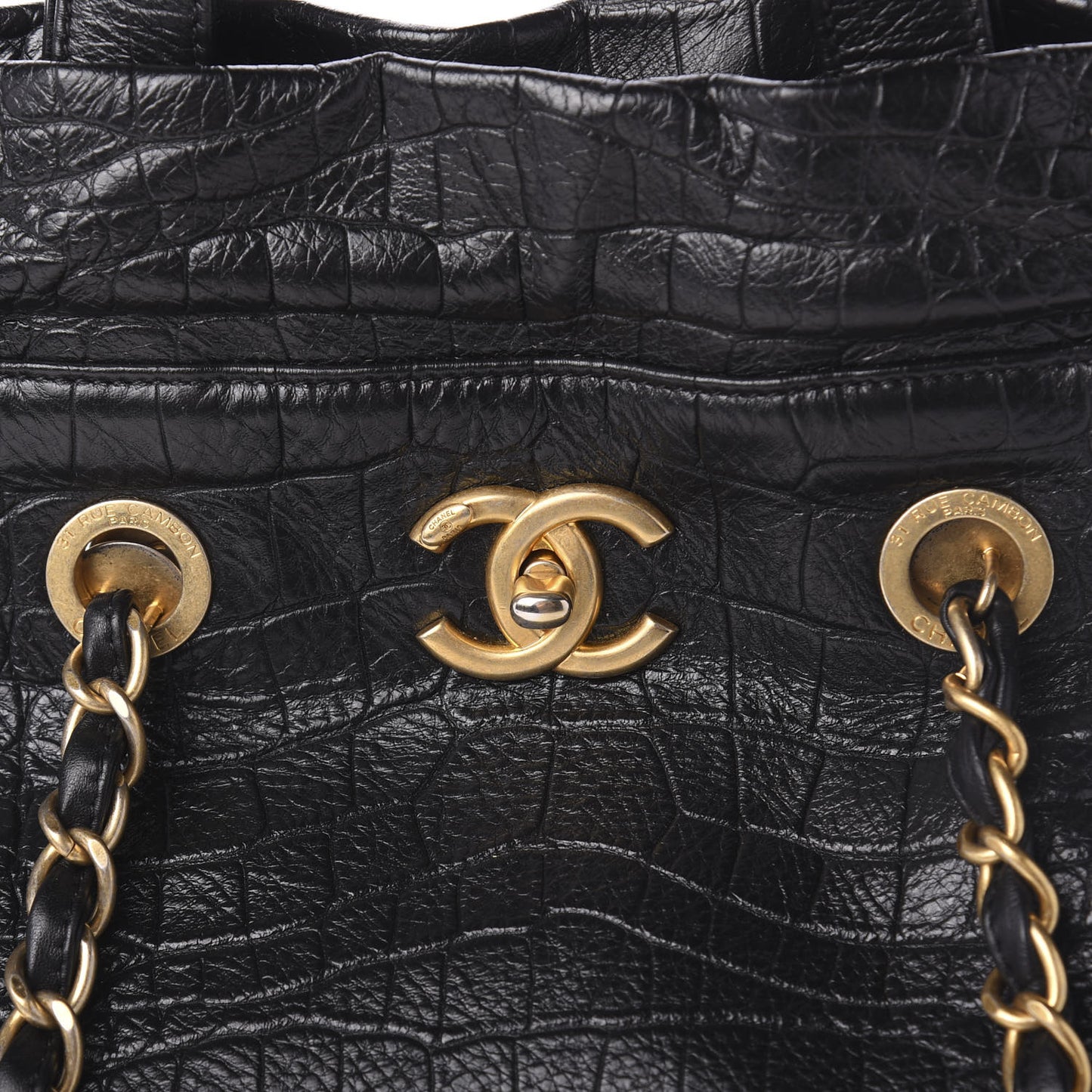 Calfskin Crocodile Embossed Large Cocodile Shopping Tote Black