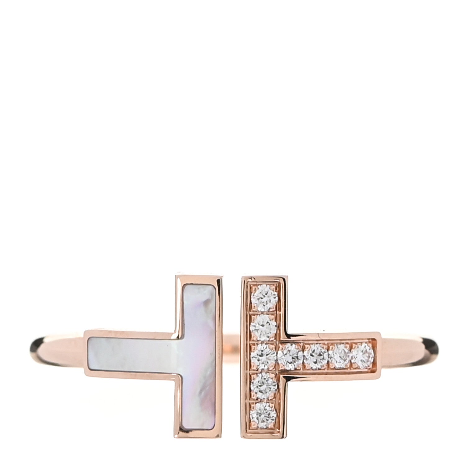 Tiffany 18K Rose Gold Diamond Mother of Pearl T Wire Ring 57 8 1 of 5