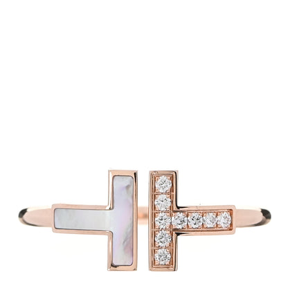 Tiffany 18K Rose Gold Diamond Mother of Pearl T Wire Ring 57 8 1 of 5