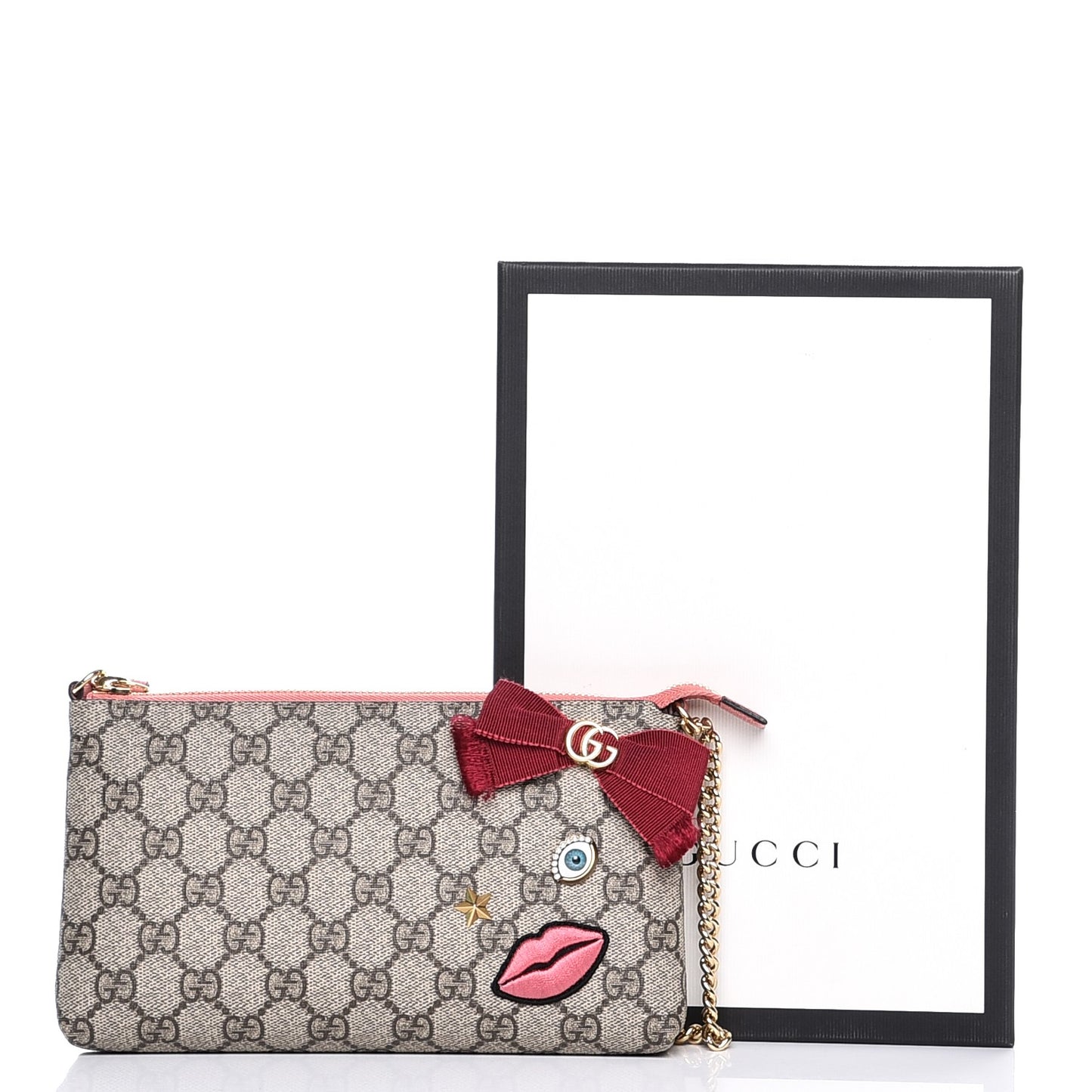 GG Supreme Monogram Face Embroidered Wrist Wallet Pink