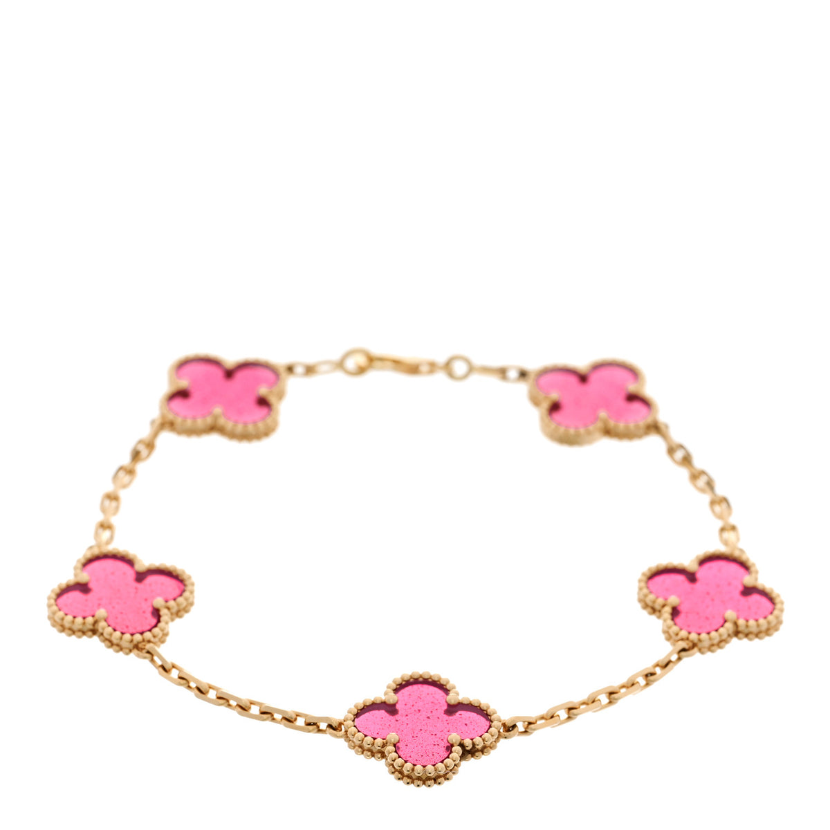 18K Yellow Gold Pink Enamel 5 Motifs Vintage Alhambra Bracelet