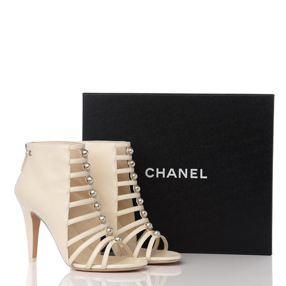 Chanel Lambskin Pearl Open Toe Caged Ankle Boots 38 Ivory 21 of 22