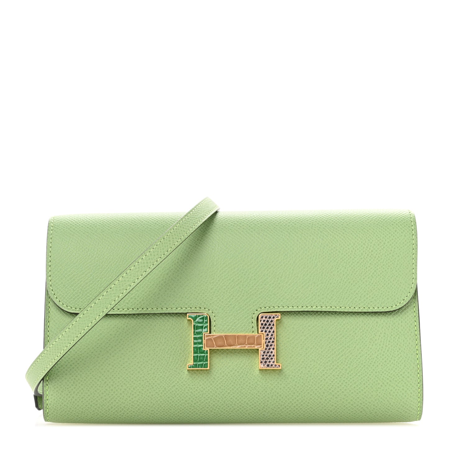 Epsom Alligator Lizard Constance Wallet To Go Vert Criquet Cactus Beige Sable Ombre