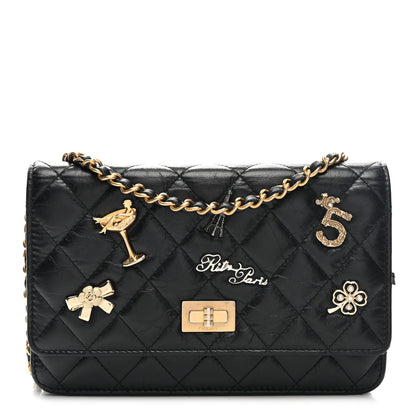 Chanel Aged Calfskin Quilted Lucky Charms 2.55 Reissue Wallet On Chain WOC Black 1 of 12