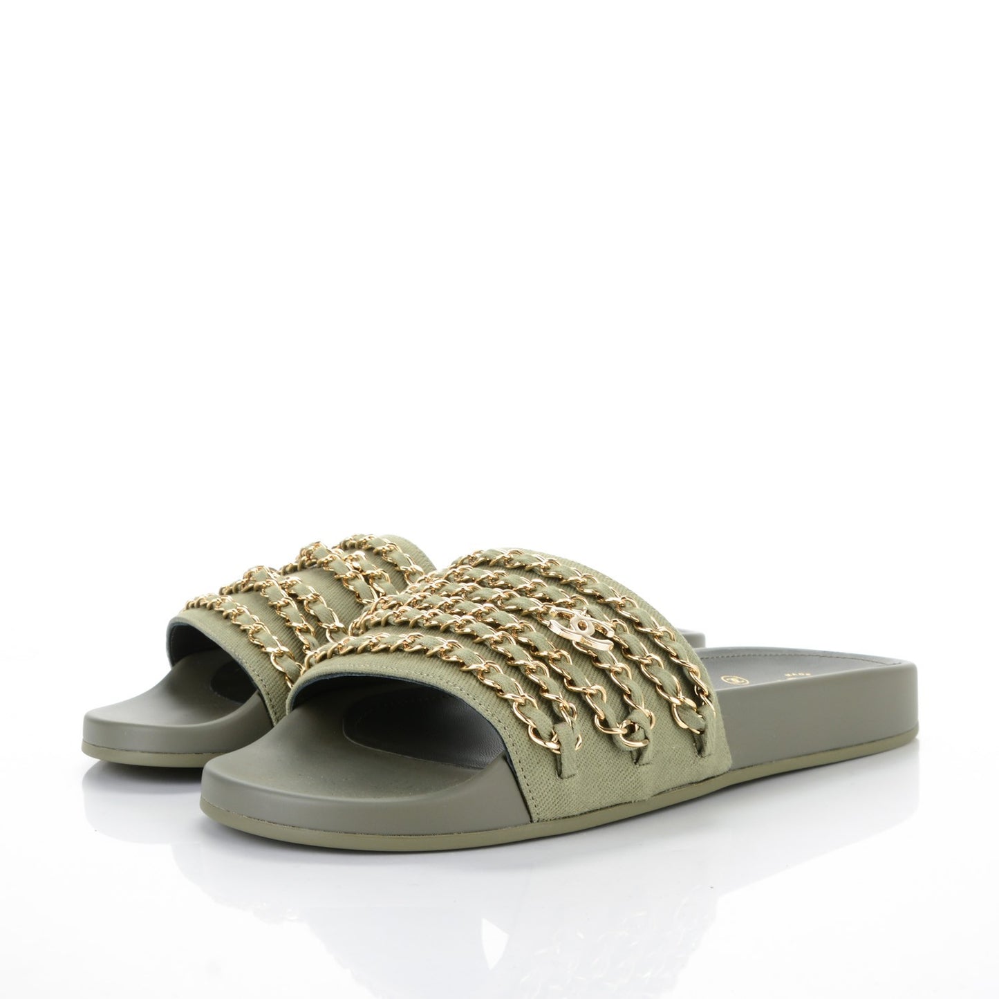 Lambskin Canvas Chain Flat Sandals 40 Khaki