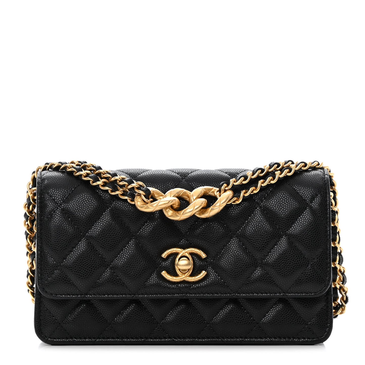 Caviar Quilted Chain Link Clutch With Chain Black