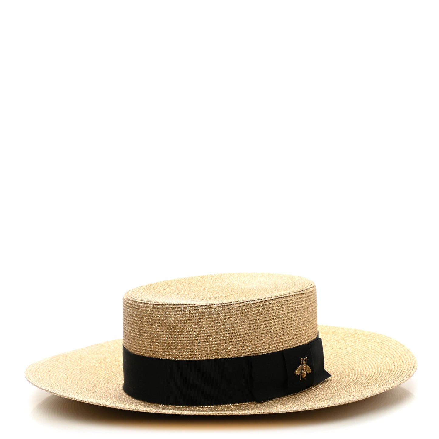 Glittered Straw Grosgrain Wide Brim Hat S Gold Black