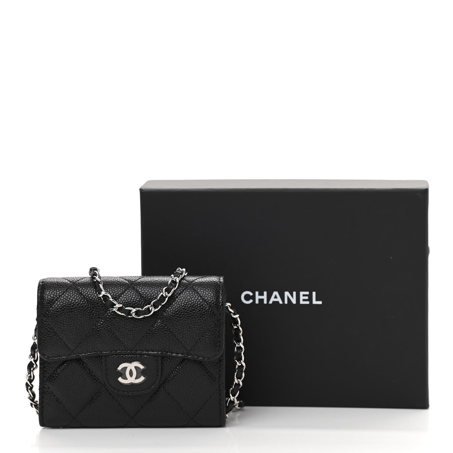 Caviar Quilted Flap Card Holder On Chain Black