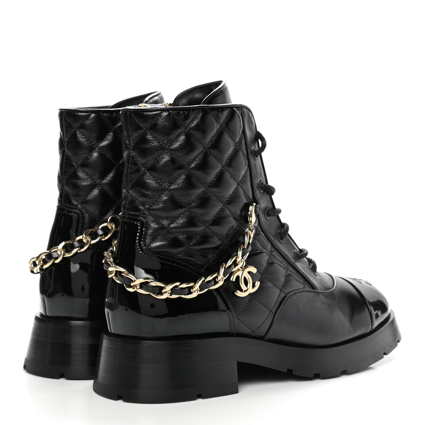 Shiny Calfskin Patent Quilted Chain Lace Up Combat Boots 38.5 Black