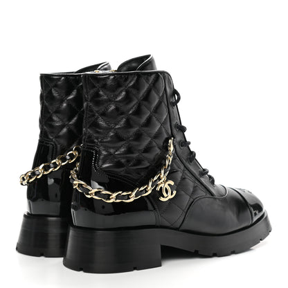 Chanel Shiny Calfskin Patent Quilted Chain Lace Up Combat Boots 38.5 Black 4 of 9