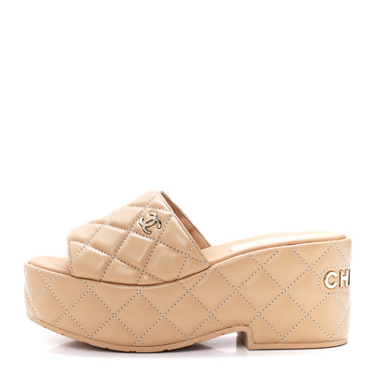 Chanel Lambskin Quilted CC Mules Wedge Sandals 37 Beige 1 of 7