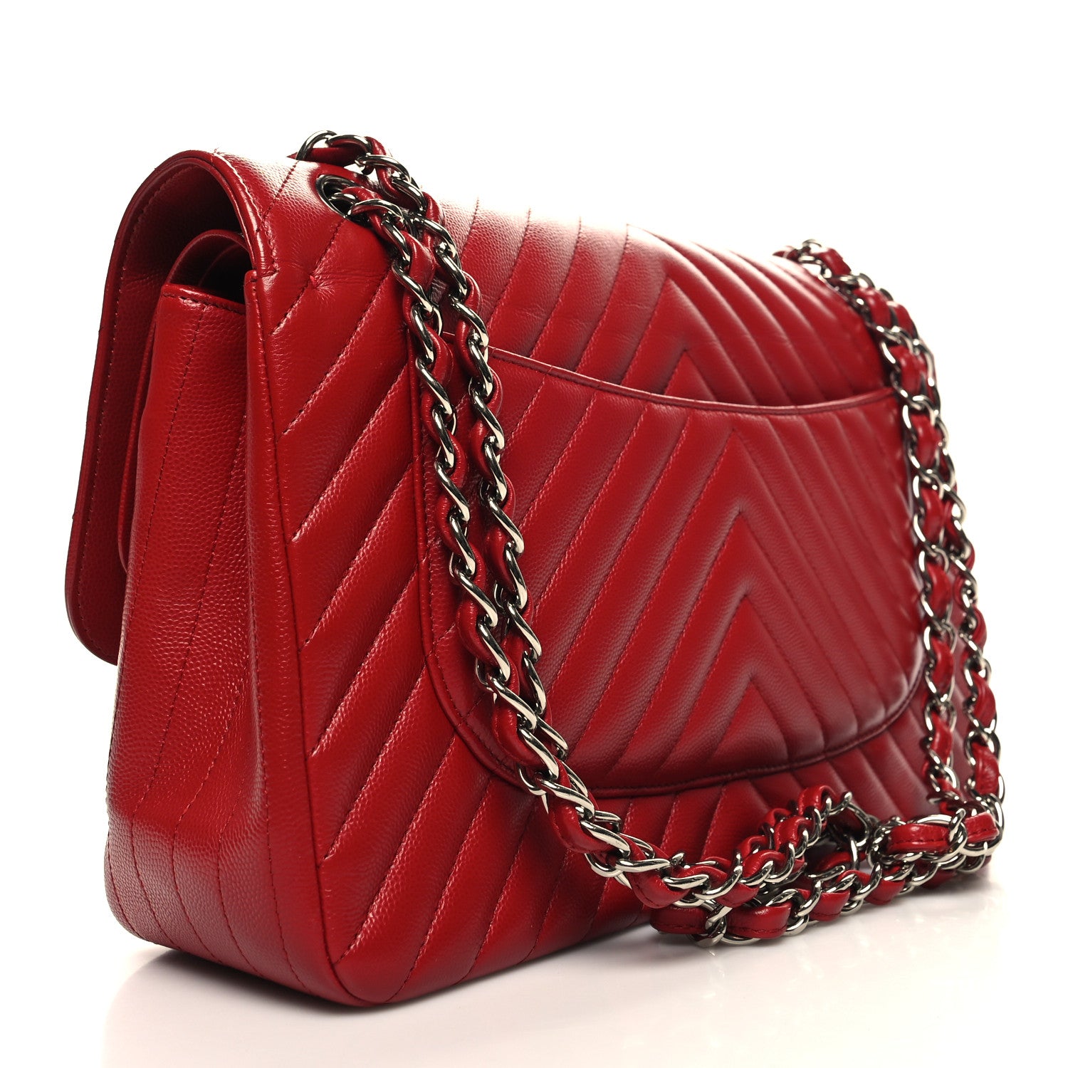 Chanel Caviar Chevron Quilted Jumbo Double Flap Red 3 of 12