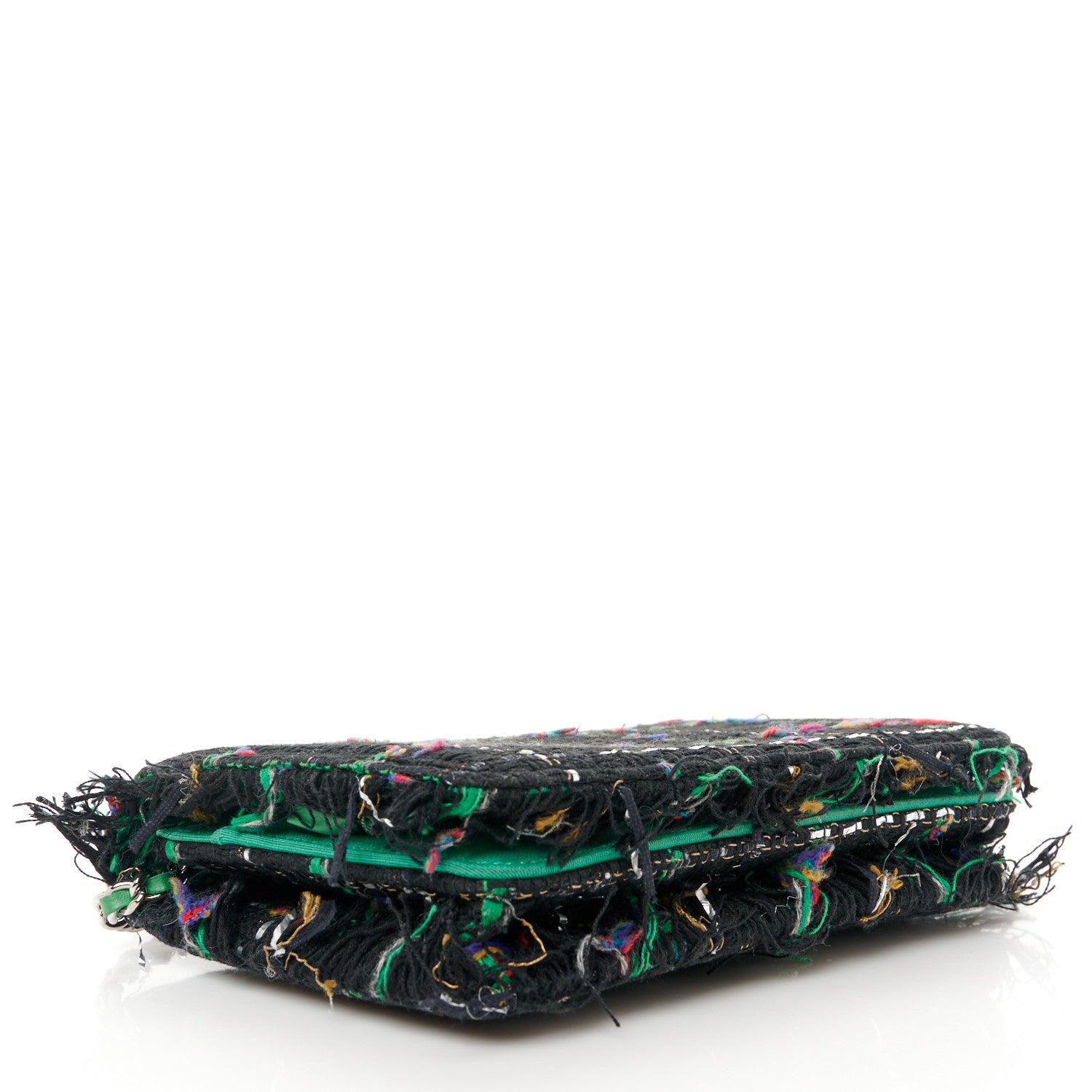 Chanel Tweed Fringe Wallet On Chain WOC Black Green 4 of 12