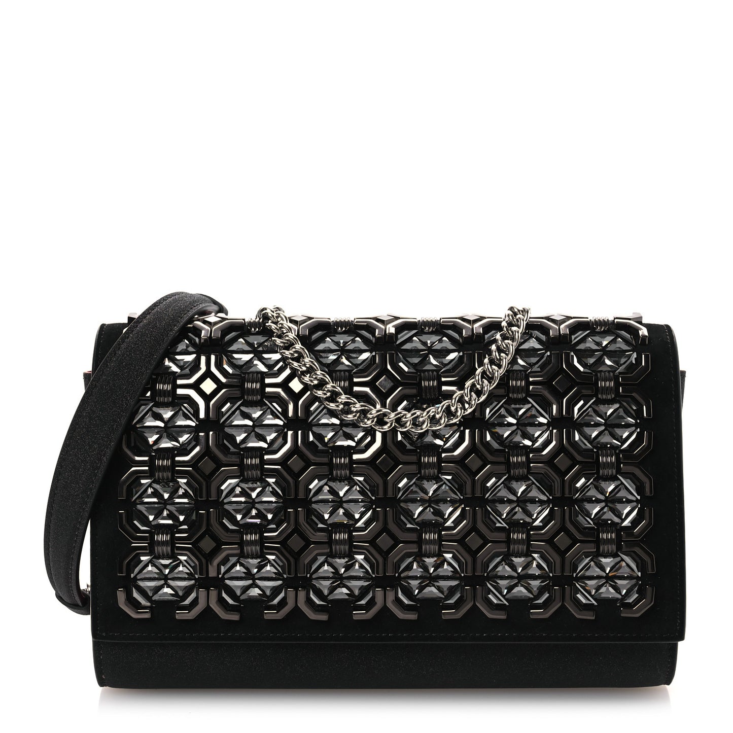 Suede Glitter Calfskin Embellished Paloma Clutch Black