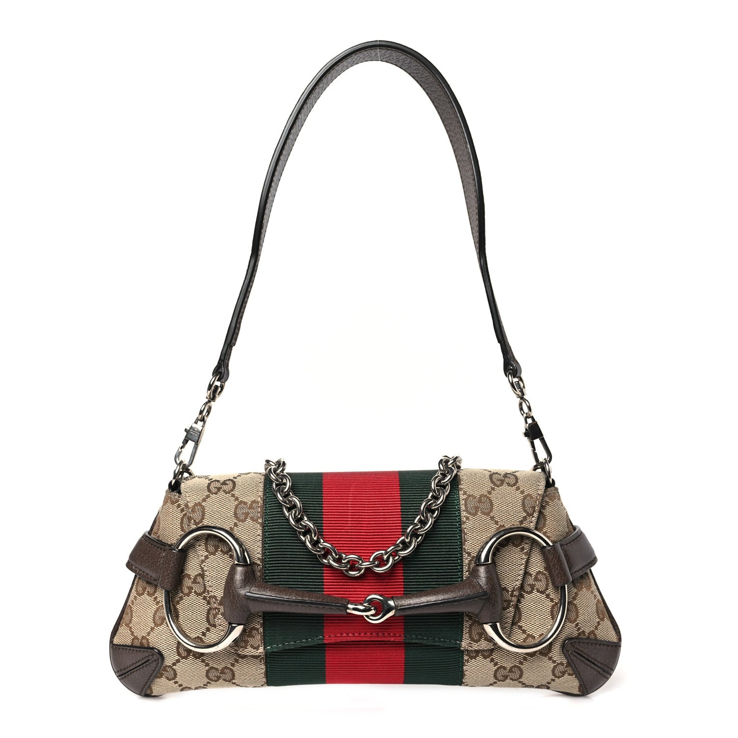 Monogram Textured Dollar Calfskin Heavy Grosgrain Web Small Maxi Horsebit Chain Shoulder Bag Beige Ebony New Acero