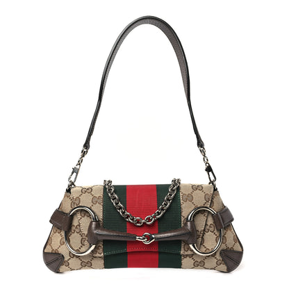Gucci Monogram Textured Dollar Calfskin Heavy Grosgrain Web Small Maxi Horsebit Chain Shoulder Bag Beige Ebony New Acero 1 of 10