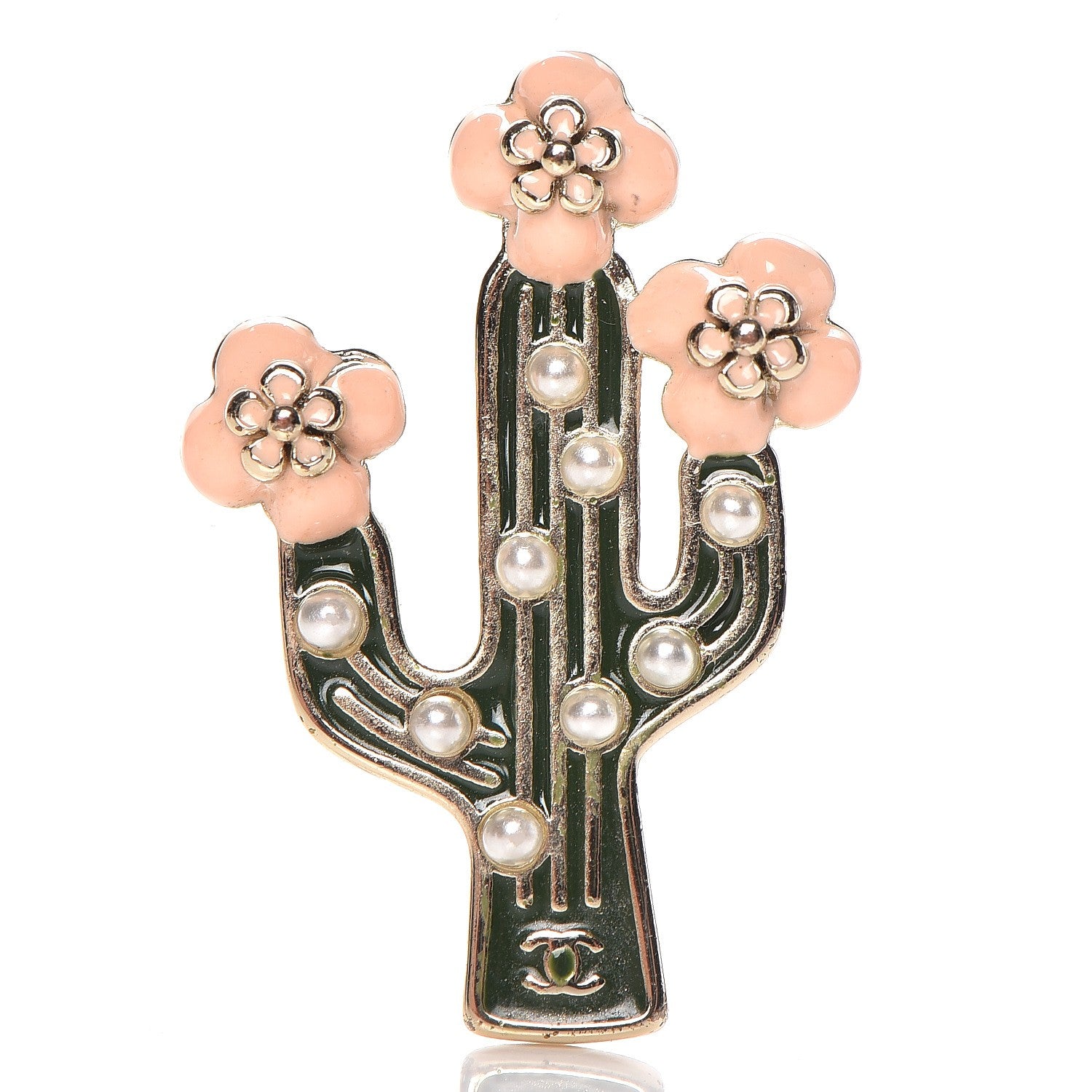 Chanel Enamel Pearl Cactus Brooch Green Gold 1 of 4