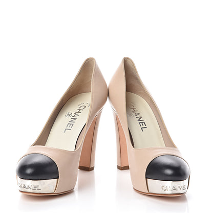 Chanel Lambskin Cap Toe CC Platform Pumps 36.5 Beige Black 5 of 9