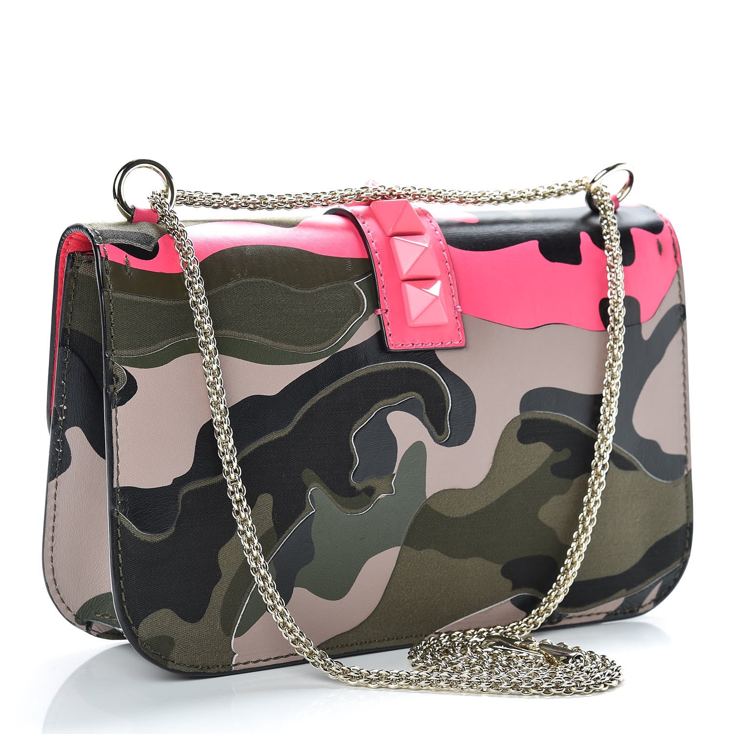 Valentino Garavani Nappa Canvas Camouflage Medium Glam Lock Rockstud Flap Fuxia Fluo 3 of 14